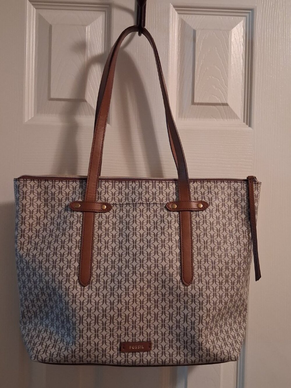 Fossil Felicity Tote Signature Bag Brown Beige Leather Trim Carryall Shopper EUC